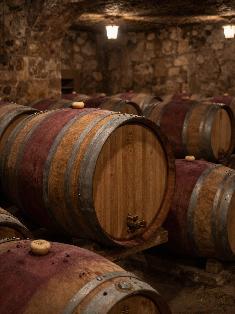 Barrels resting in a stone cellar