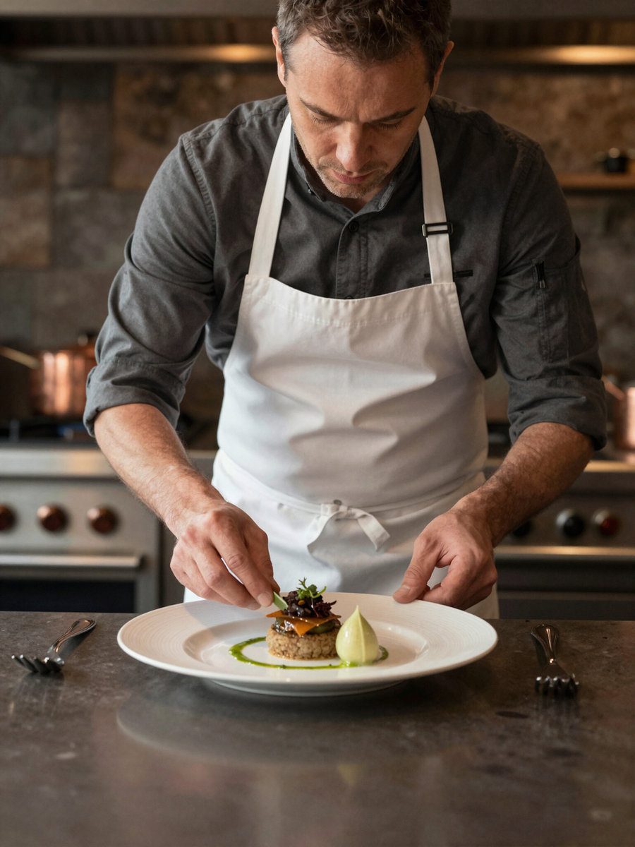 A chef plating in a professional kitchen