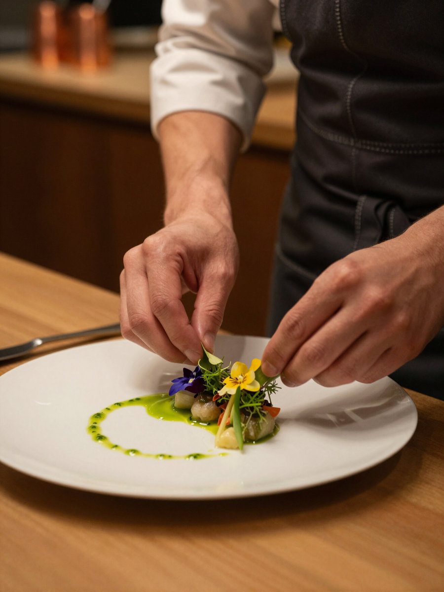 A chef finishing a plate with edible flowers