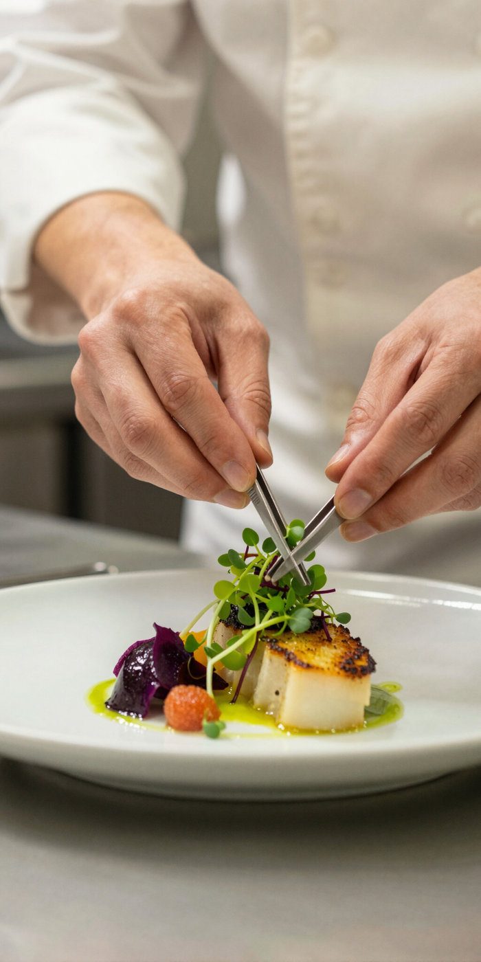 Plating with tweezers in a professional kitchen